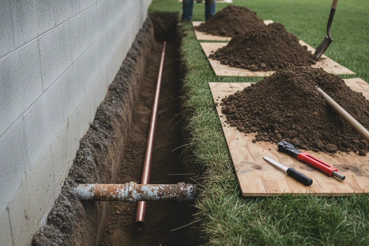 Excavated water line trench during Water Softener Installation in Daisytown